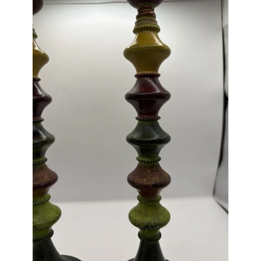 Pier 1  Set Of 2 Candlestick Stacked Multi Color Metal Boho 11” Tall